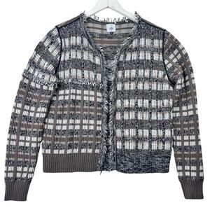CAbi Fringe Open Front Plaid Sweater Womens M Cardigan Long Sleeve Mixed Print